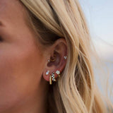 Close-up of a person's ear wearing multiple earrings with a blurred background